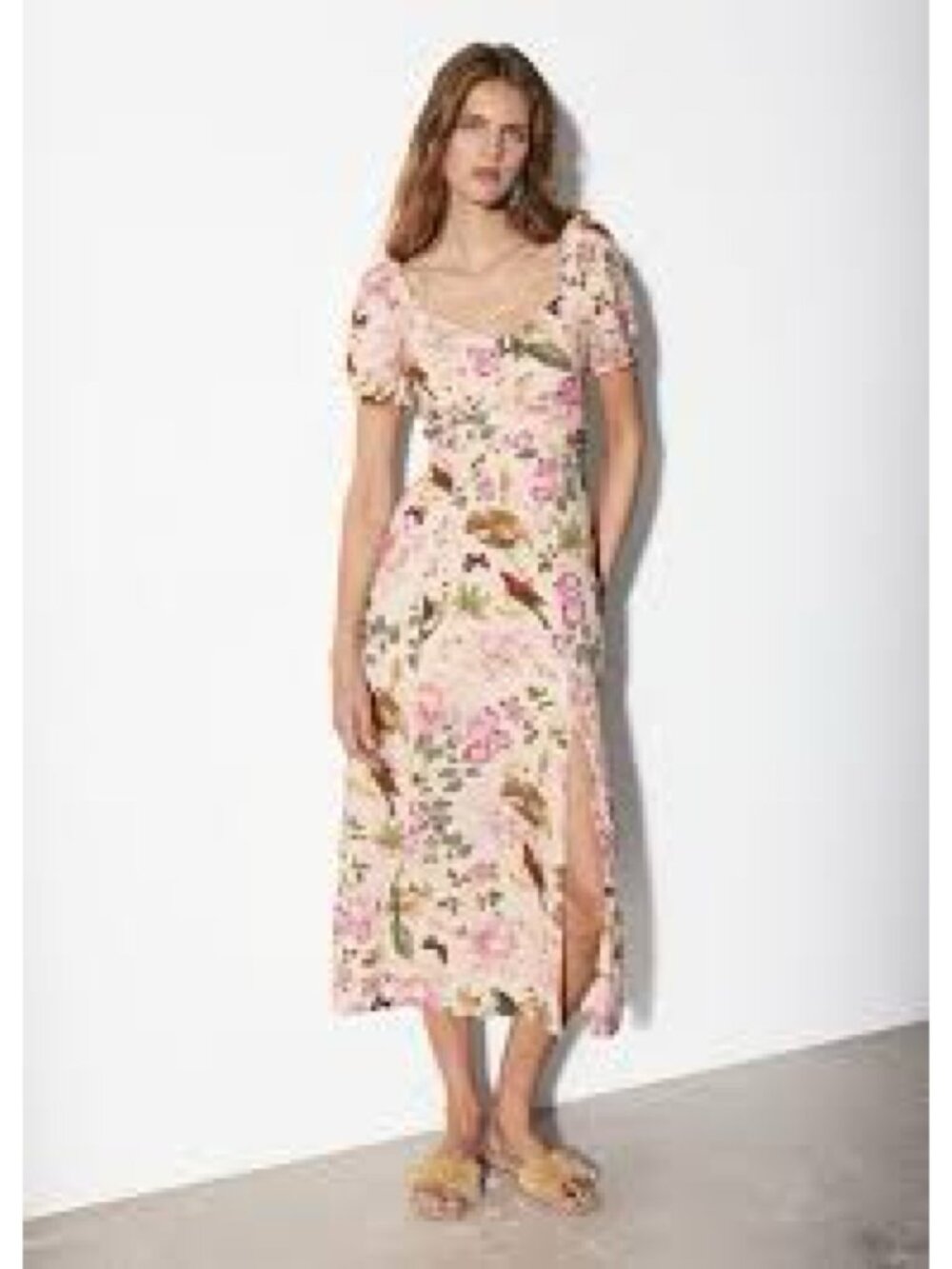 & Other Stories Floral Print Puff Sleeve Linen Midi Dress